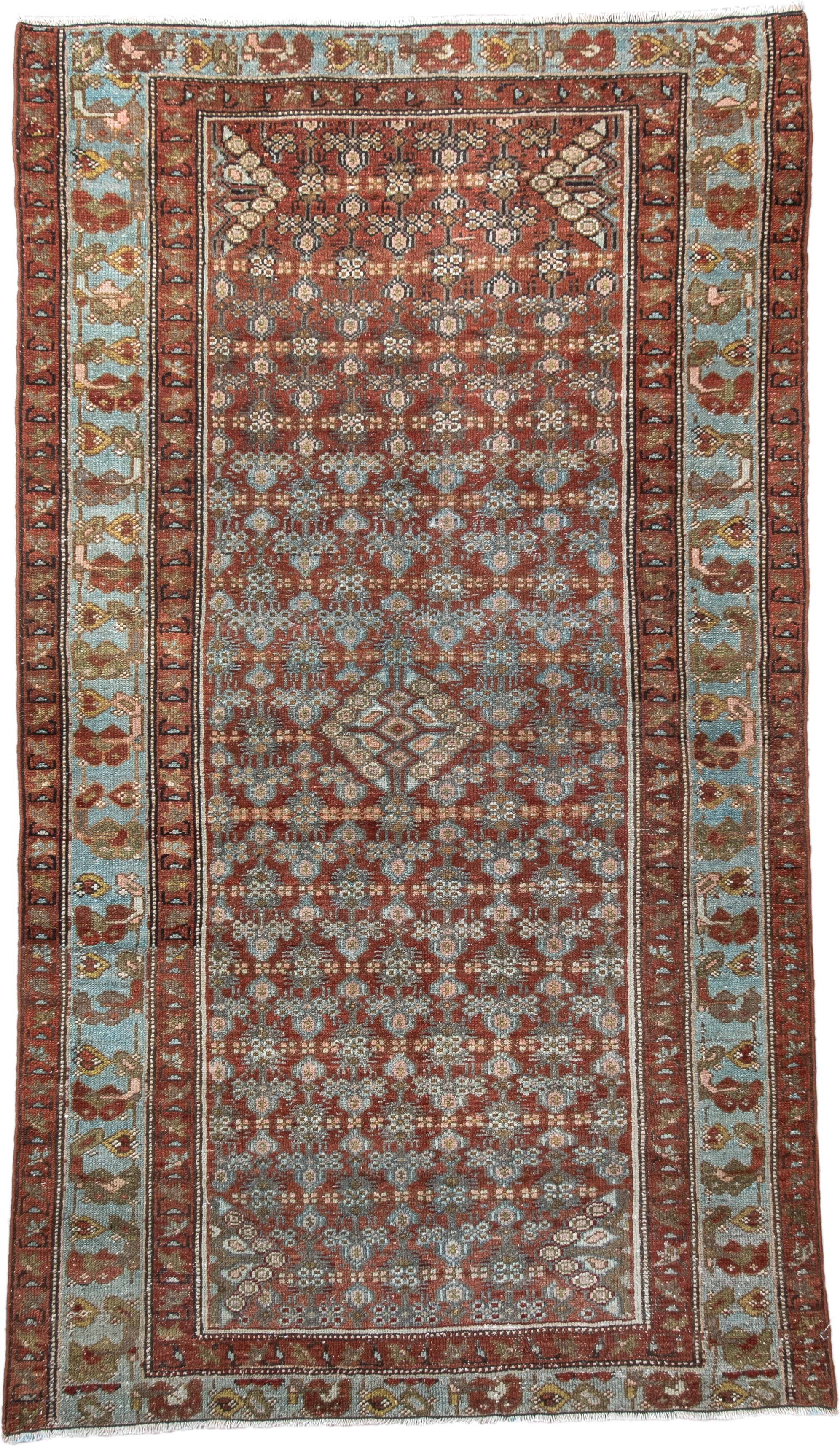 3' x 5' one-of-a-kind handmade vintage Hamadan small size rug. Color palette: rust, sky blue, ivory, olive, taupe, brown