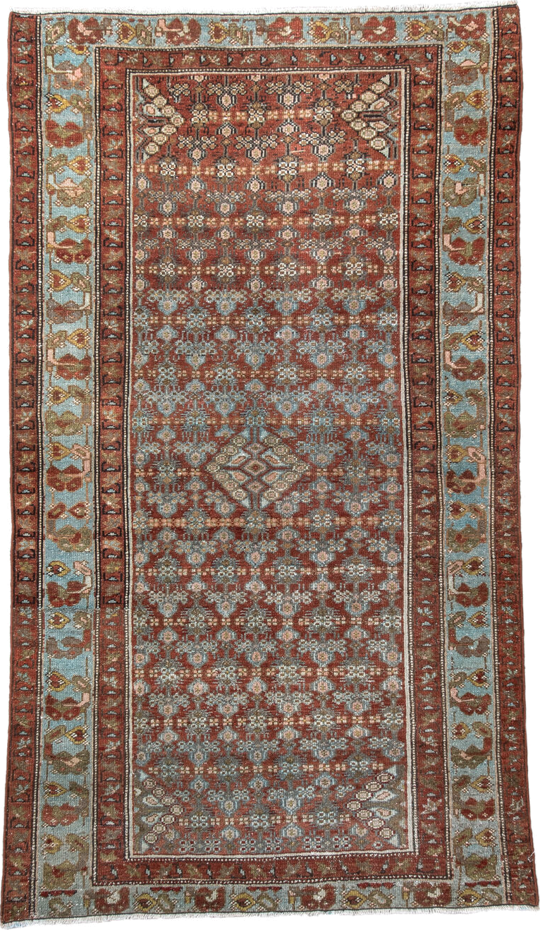3' x 5' one-of-a-kind handmade vintage Hamadan small size rug. Color palette: rust, sky blue, ivory, olive, taupe, brown