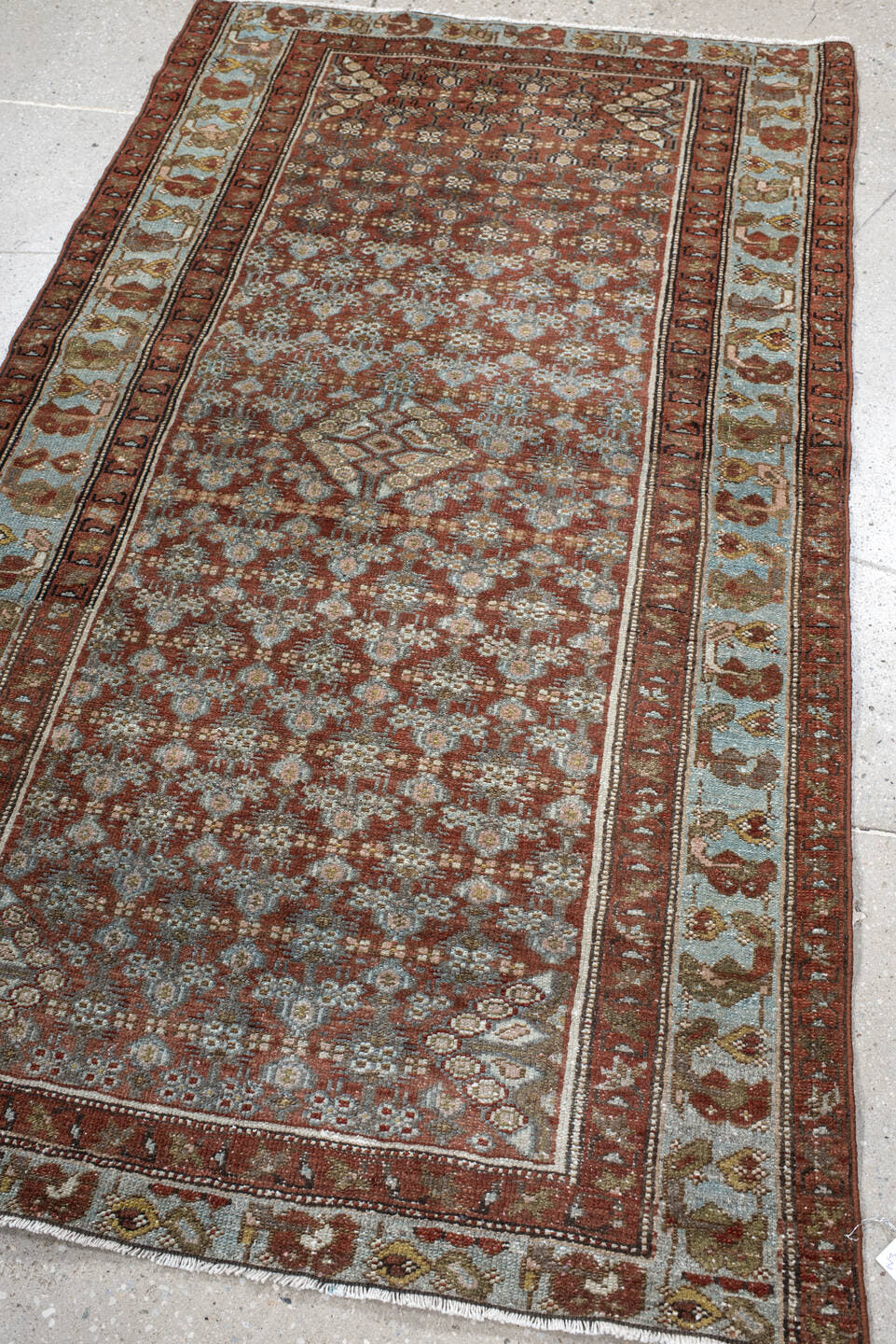 3' x 5' one-of-a-kind handmade vintage Hamadan small size rug. Color palette: rust, sky blue, ivory, olive, taupe, brown