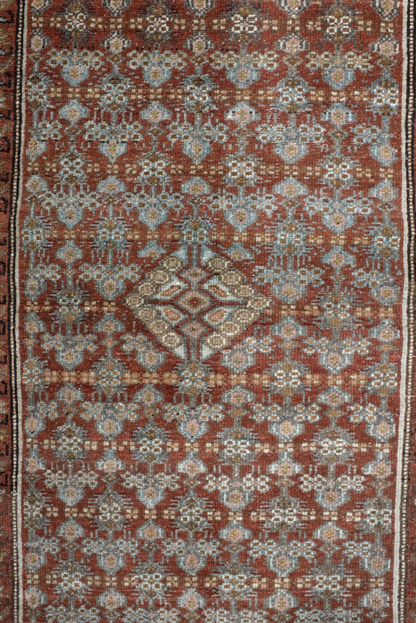 3' x 5' one-of-a-kind handmade vintage Hamadan small size rug. Color palette: rust, sky blue, ivory, olive, taupe, brown