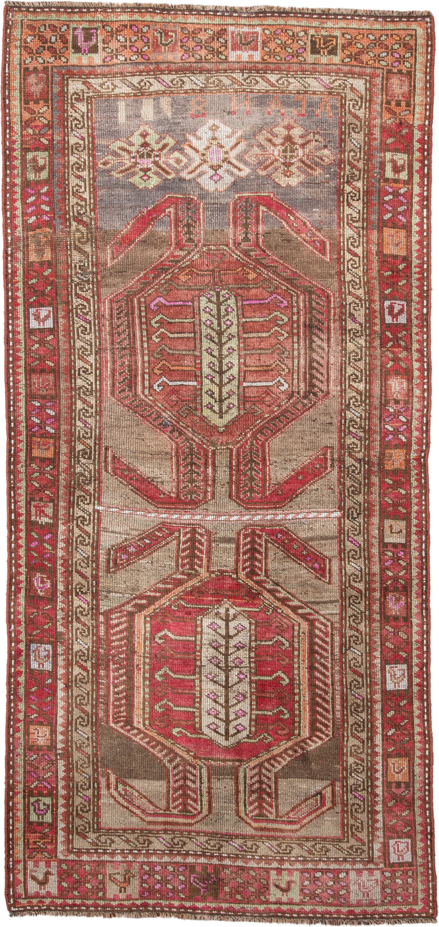 3' x 6' one-of-a-kind handmade vintage NW Persian runner rug. Color palette: taupe, rust, rose, ivory, brown, coral