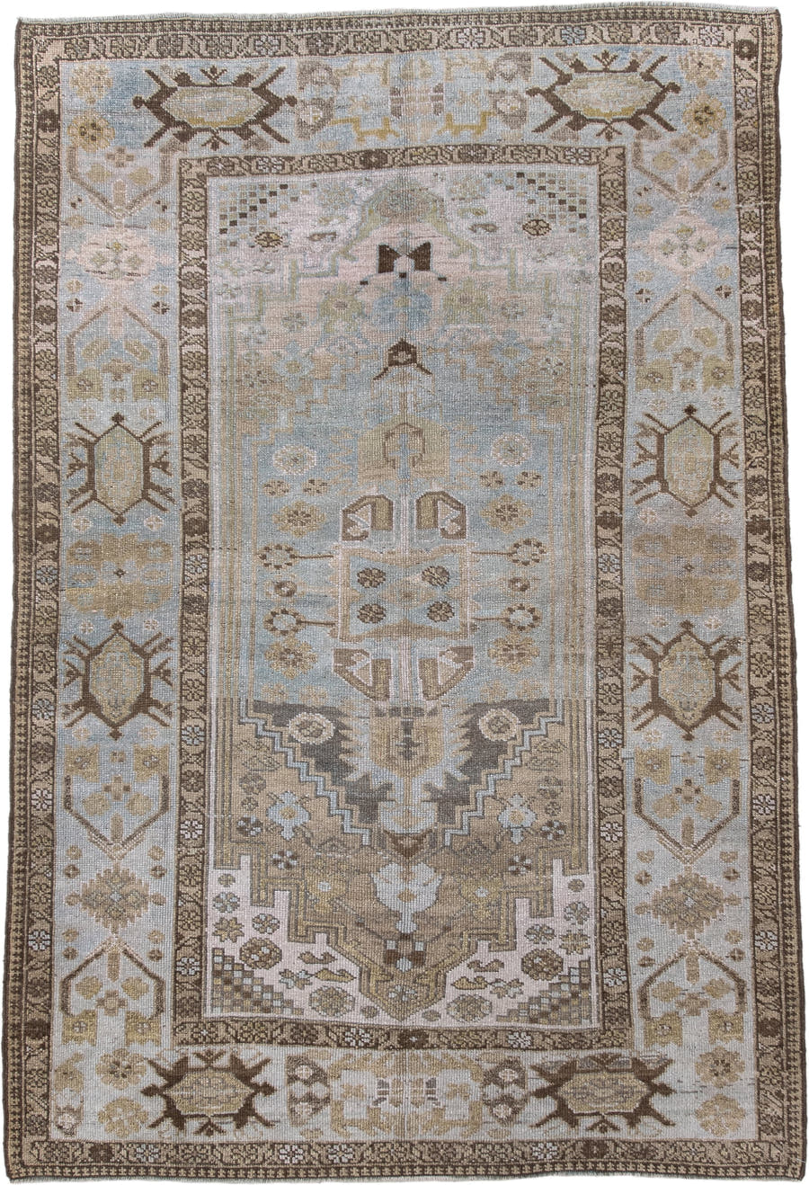 4' x 6' one-of-a-kind handmade vintage Sarab small size rug. Color palette: ivory, light blue, taupe, brown, camel, sage