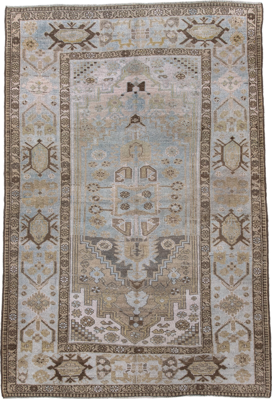4' x 6' one-of-a-kind handmade vintage Sarab small size rug. Color palette: ivory, light blue, taupe, brown, camel, sage