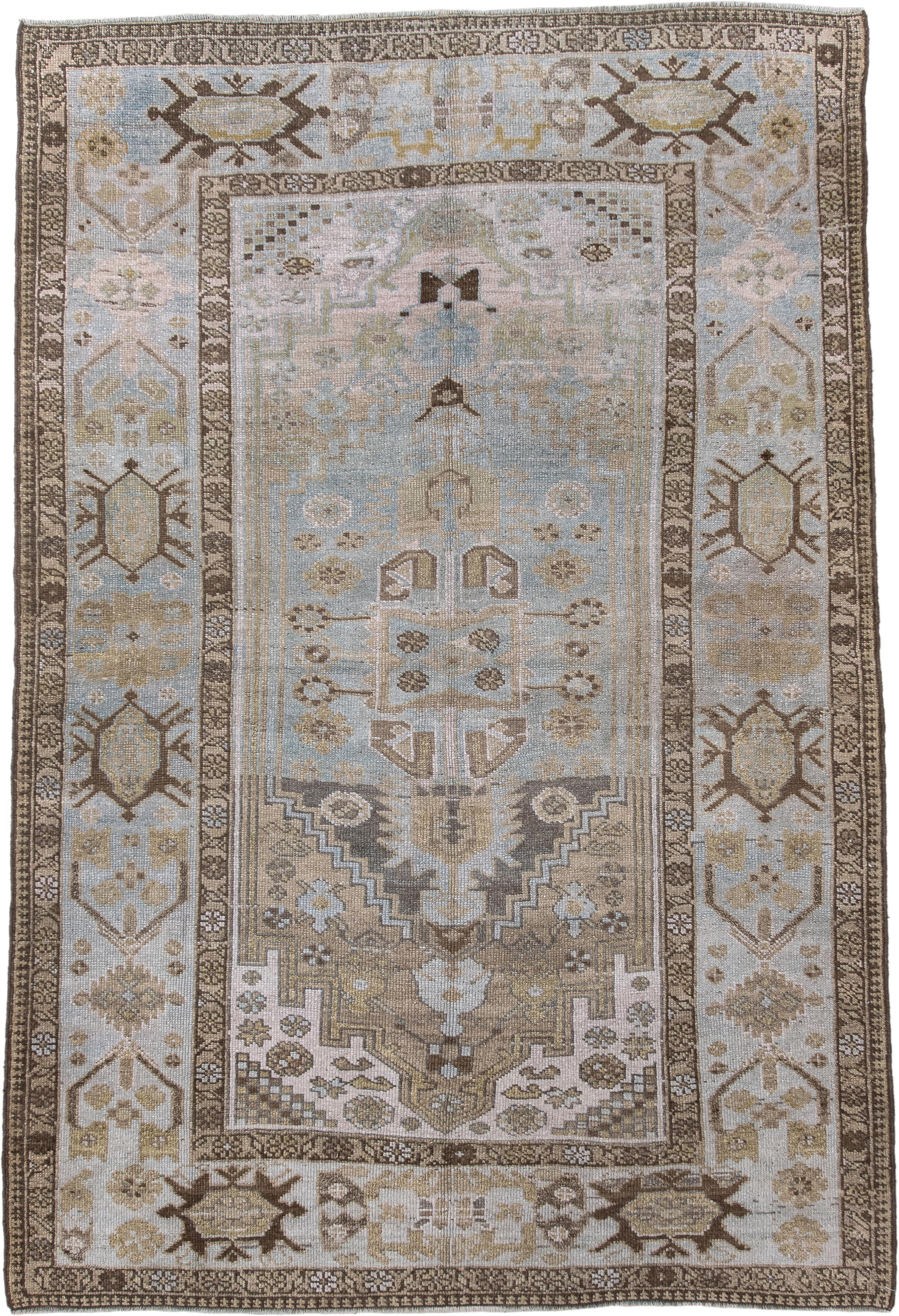 4' x 6' one-of-a-kind handmade vintage Sarab small size rug. Color palette: ivory, light blue, taupe, brown, camel, sage