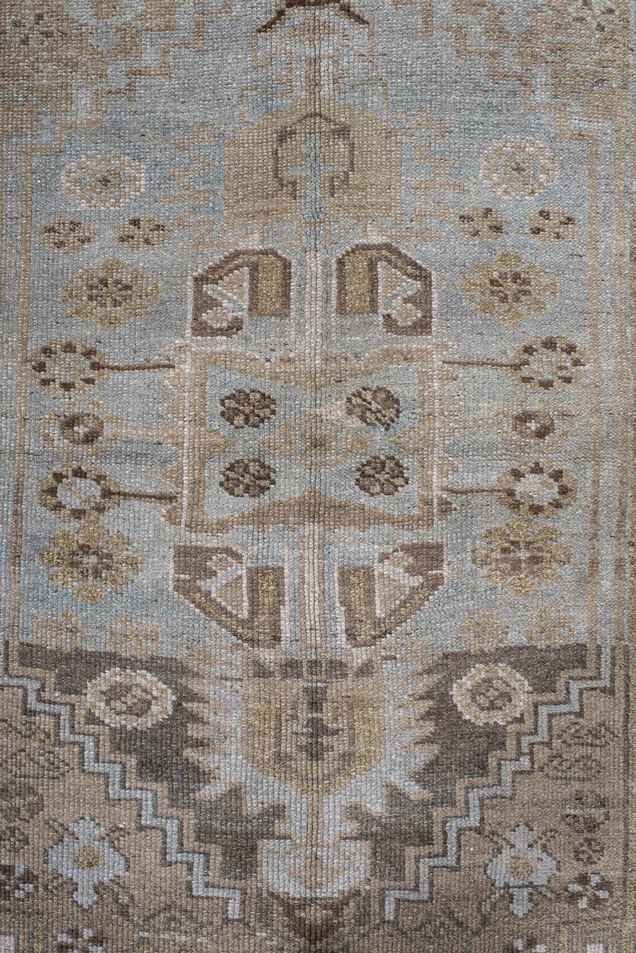 4' x 6' one-of-a-kind handmade vintage Sarab small size rug. Color palette: ivory, light blue, taupe, brown, camel, sage