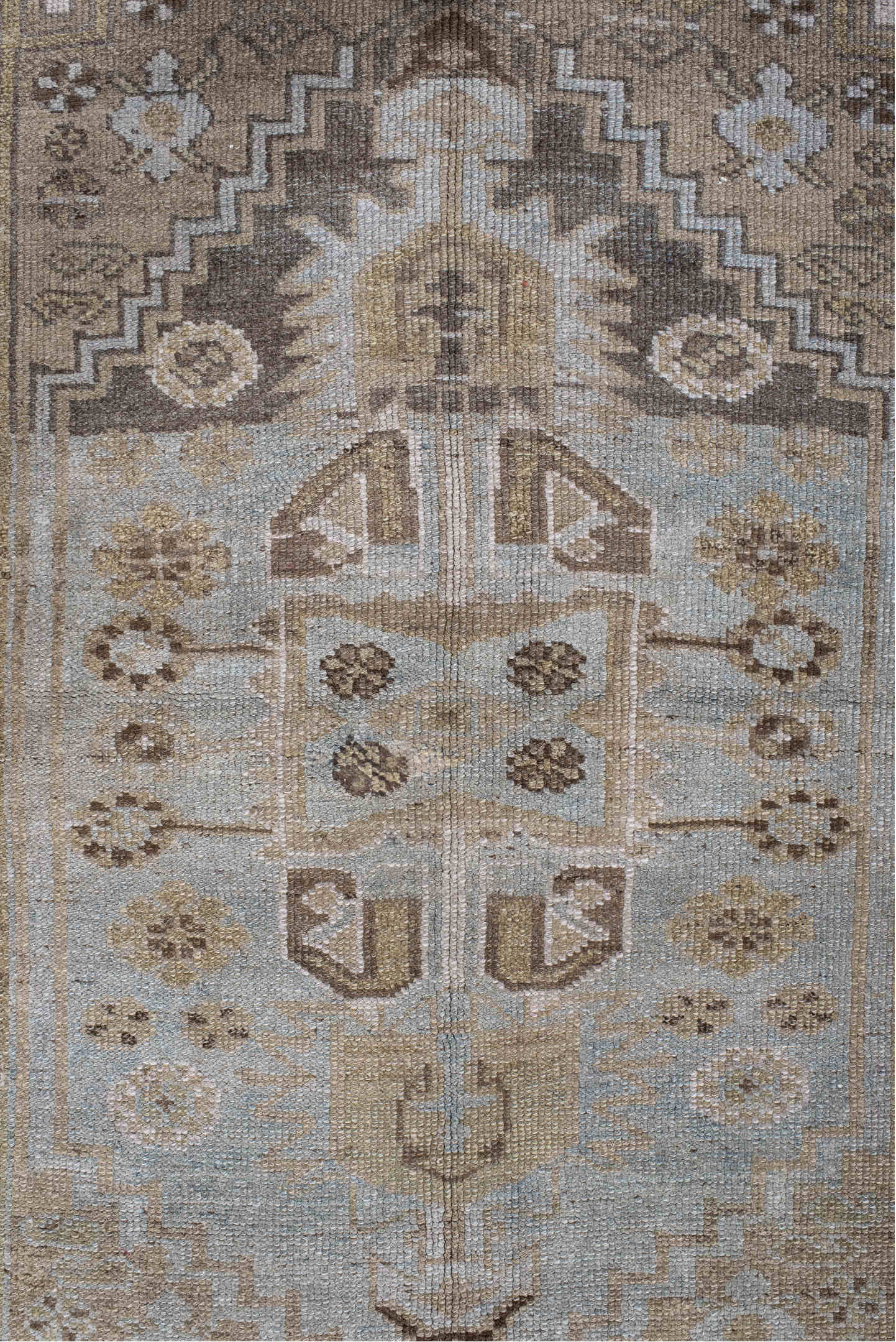 4' x 6' one-of-a-kind handmade vintage Sarab small size rug. Color palette: ivory, light blue, taupe, brown, camel, sage