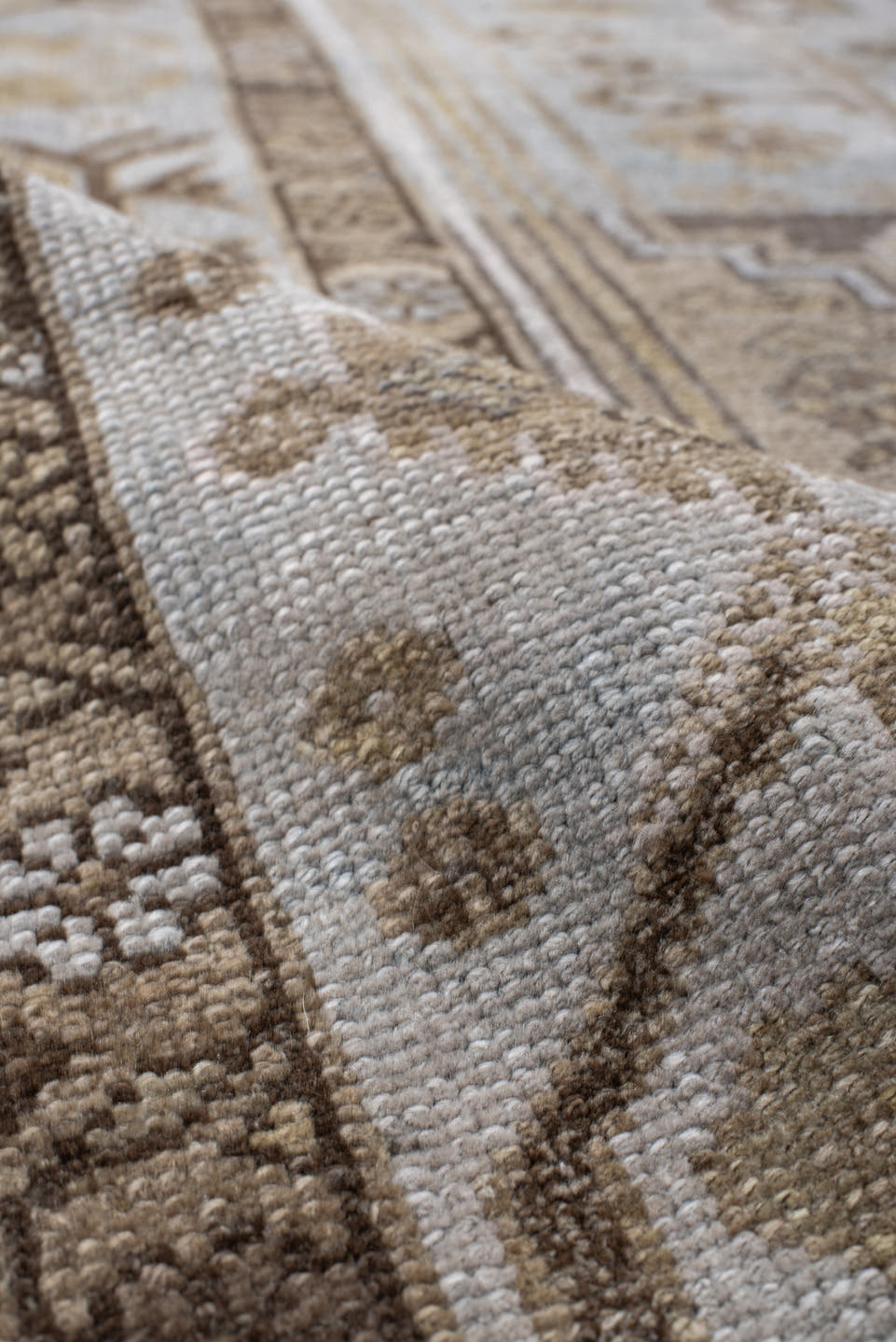 4' x 6' one-of-a-kind handmade vintage Sarab small size rug. Color palette: ivory, light blue, taupe, brown, camel, sage