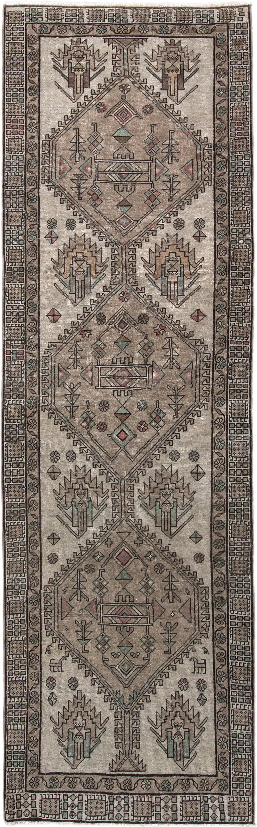 3' x 9' one-of-a-kind handmade vintage Sarab runner rug. Color palette: ivory, taupe, charcoal, sage, rust, camel, beige