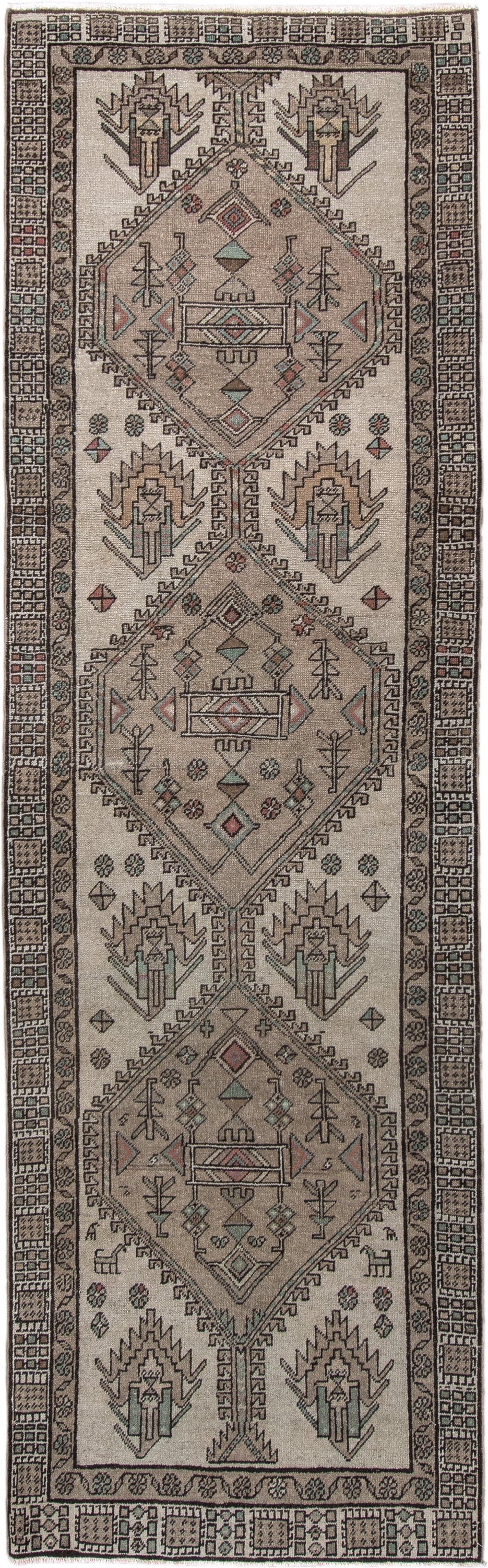 3' x 9' one-of-a-kind handmade vintage Sarab runner rug. Color palette: ivory, taupe, charcoal, sage, rust, camel, beige
