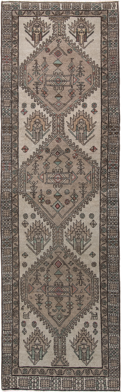 3' x 9' one-of-a-kind handmade vintage Sarab runner rug. Color palette: ivory, taupe, charcoal, sage, rust, camel, beige