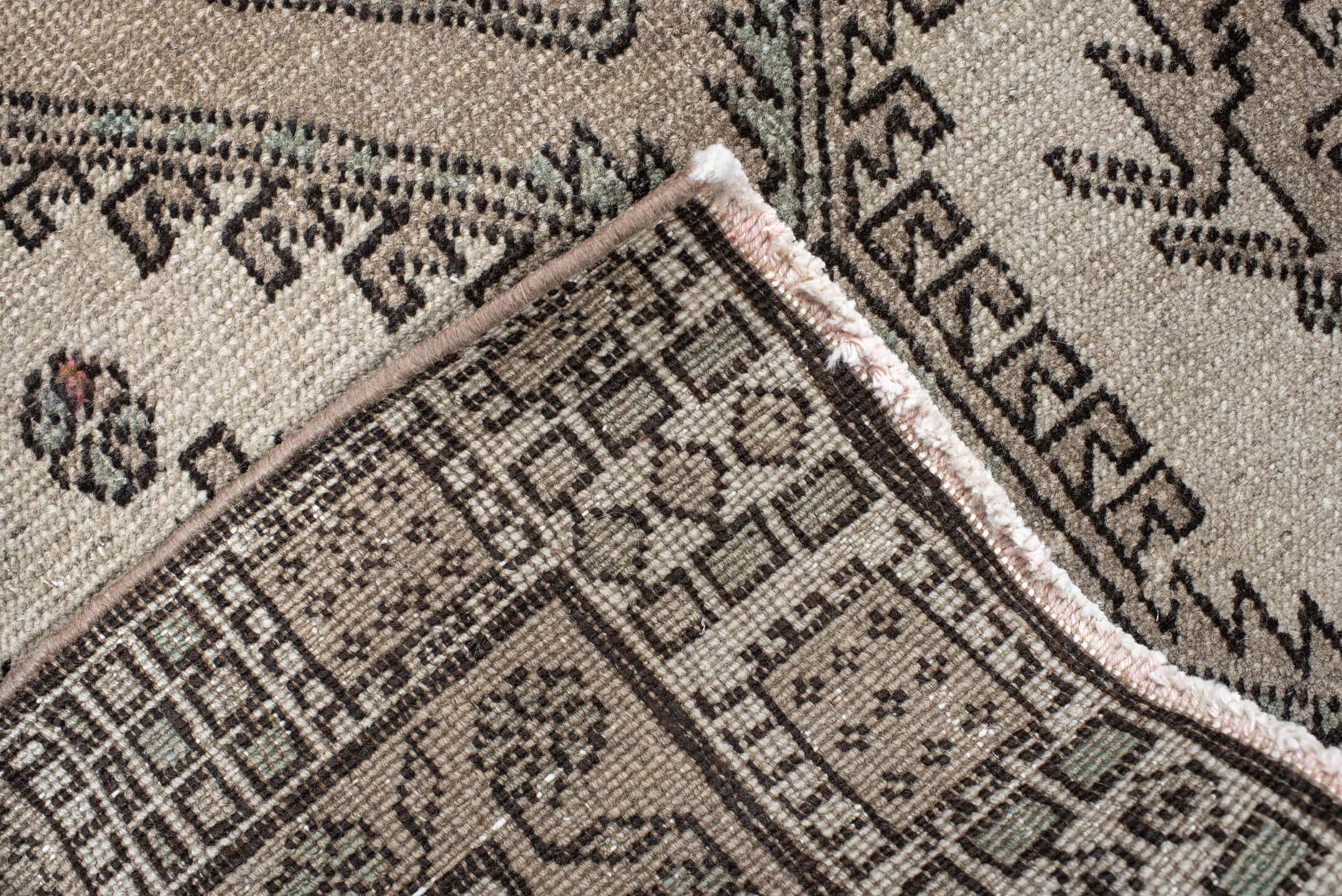 3' x 9' one-of-a-kind handmade vintage Sarab runner rug. Color palette: ivory, taupe, charcoal, sage, rust, camel, beige
