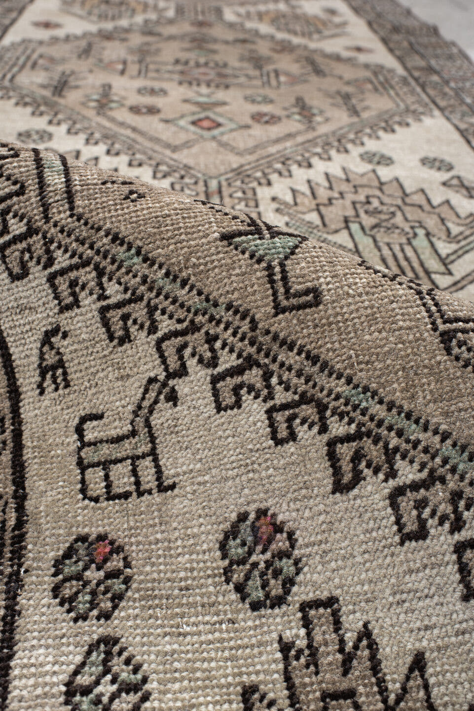 3' x 9' one-of-a-kind handmade vintage Sarab runner rug. Color palette: ivory, taupe, charcoal, sage, rust, camel, beige
