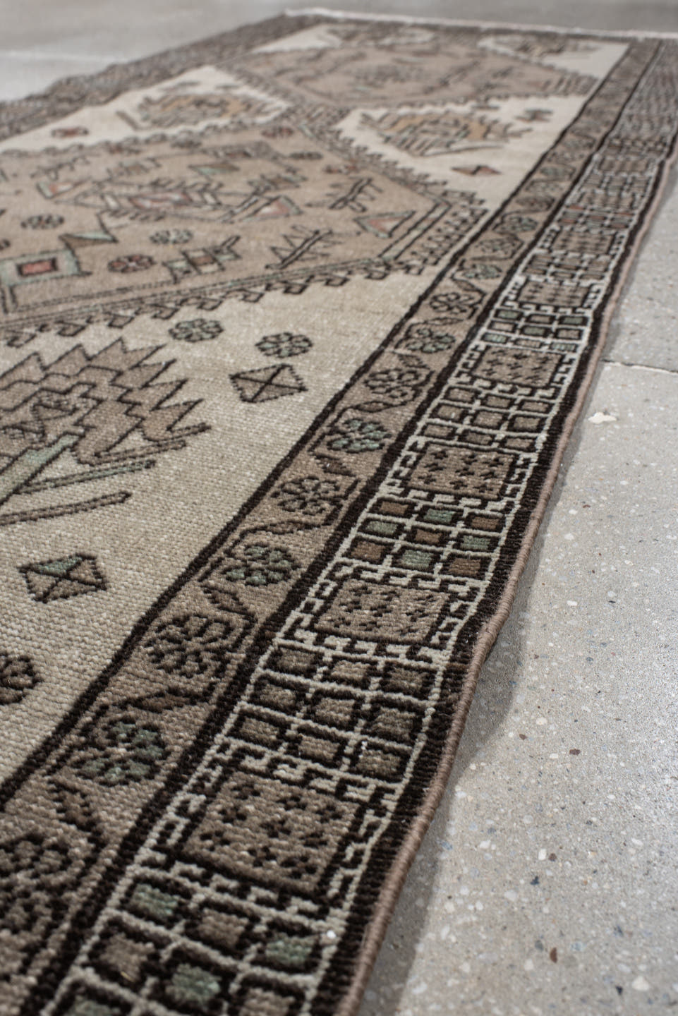 3' x 9' one-of-a-kind handmade vintage Sarab runner rug. Color palette: ivory, taupe, charcoal, sage, rust, camel, beige