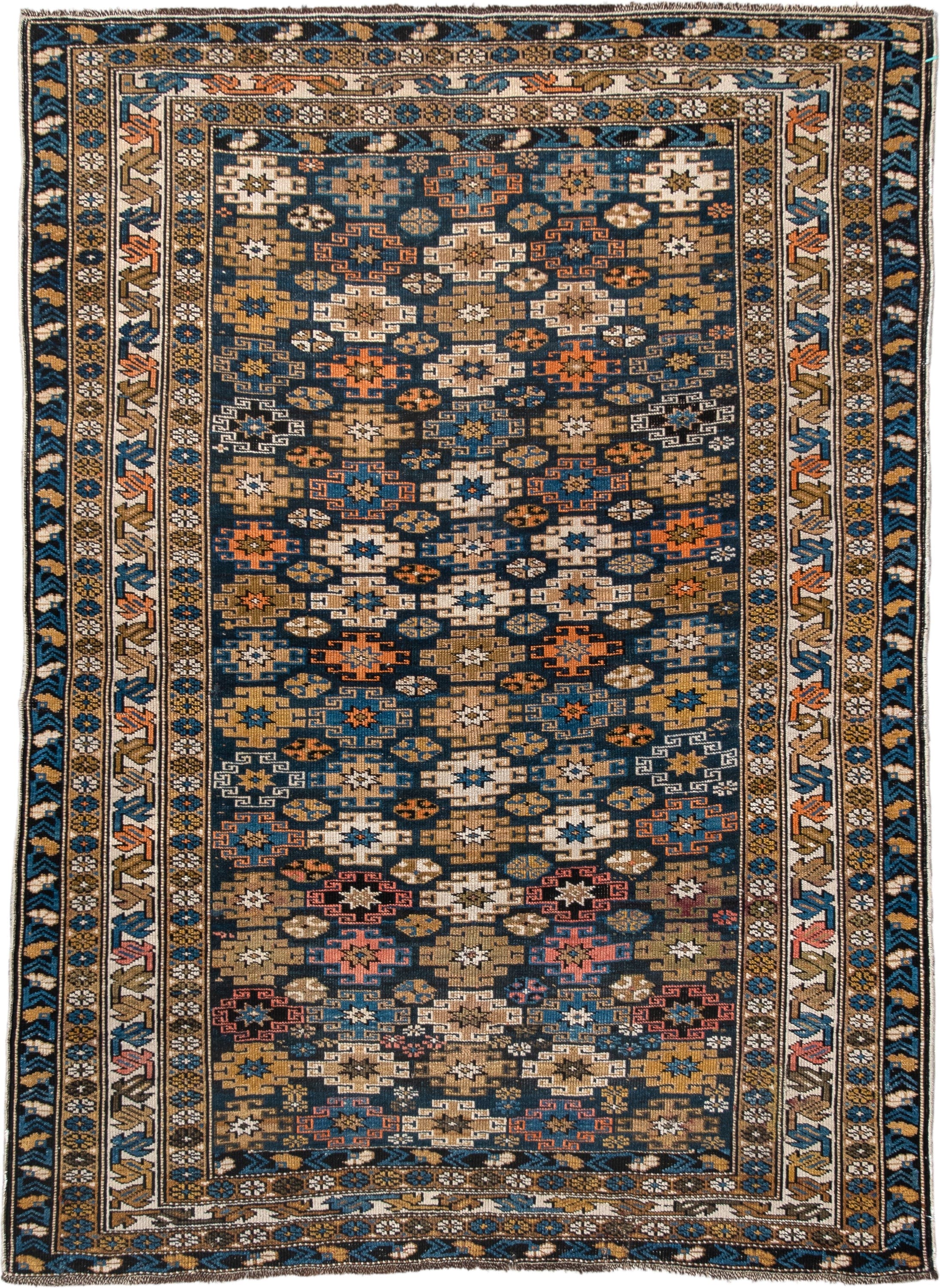 3' x 5' one-of-a-kind handmade vintage Caucasian small size rug. Color palette: navy, camel, ivory, sky blue, rust, brown
