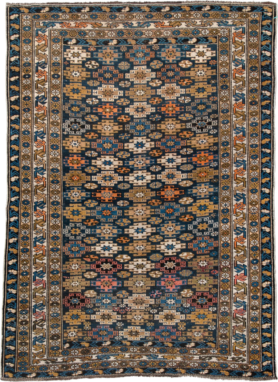 3' x 5' one-of-a-kind handmade vintage Caucasian small size rug. Color palette: navy, camel, ivory, sky blue, rust, brown