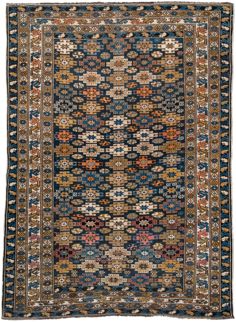 3' x 5' one-of-a-kind handmade vintage Caucasian small size rug. Color palette: navy, camel, ivory, sky blue, rust, brown