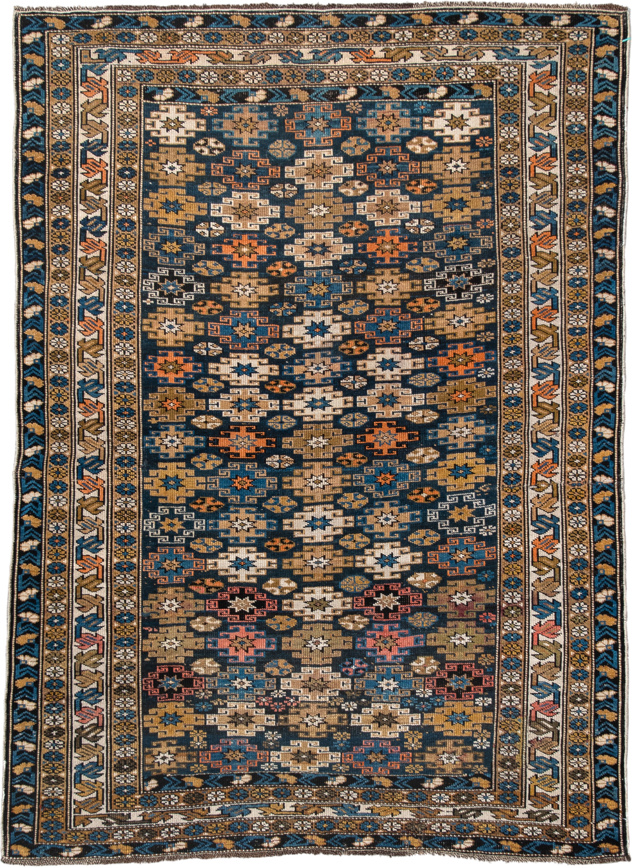 3' x 5' one-of-a-kind handmade vintage Caucasian small size rug. Color palette: navy, camel, ivory, sky blue, rust, brown