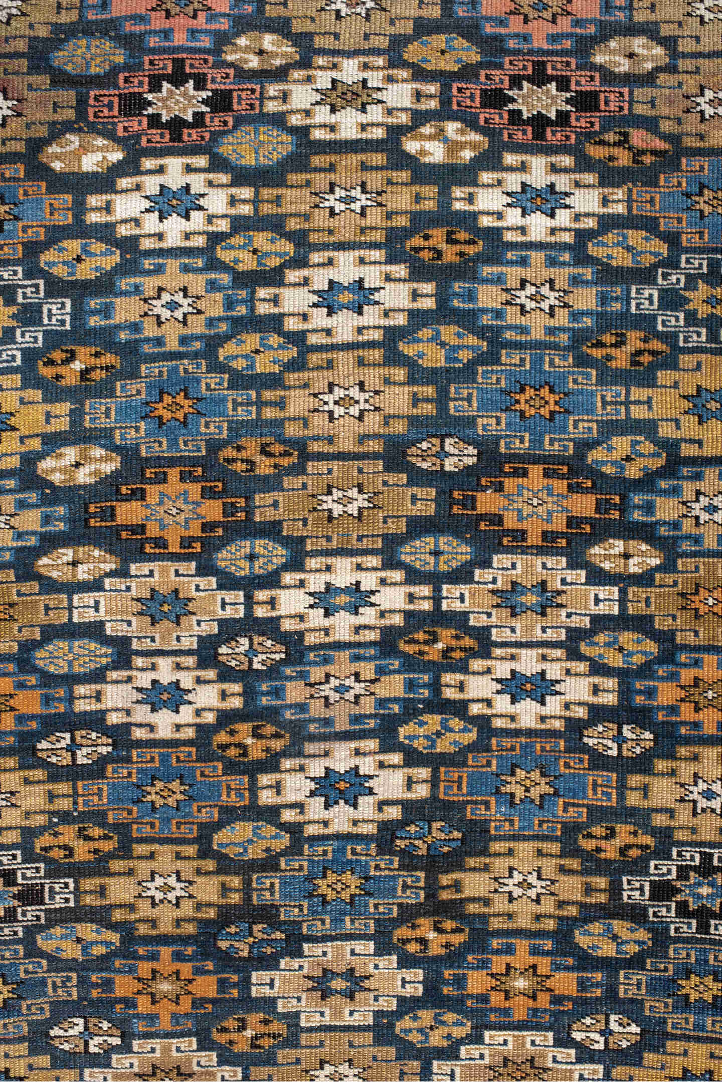 3' x 5' one-of-a-kind handmade vintage Caucasian small size rug. Color palette: arapawa, black, blue, brown, gray