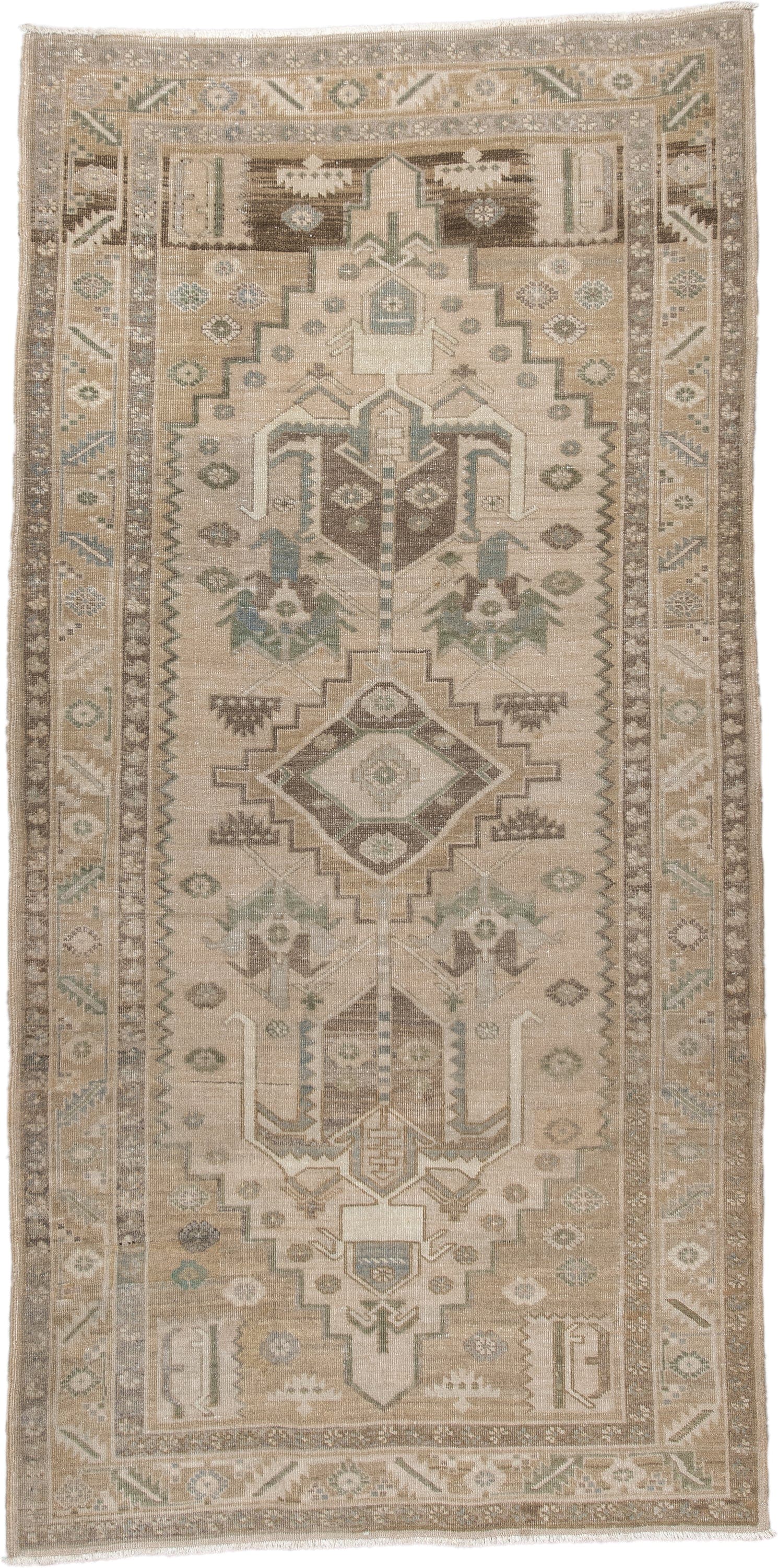 3' x 7' one-of-a-kind handmade antique Sarab runner rug. Color palette: camel, ivory, taupe, sage, brown, slate, olive