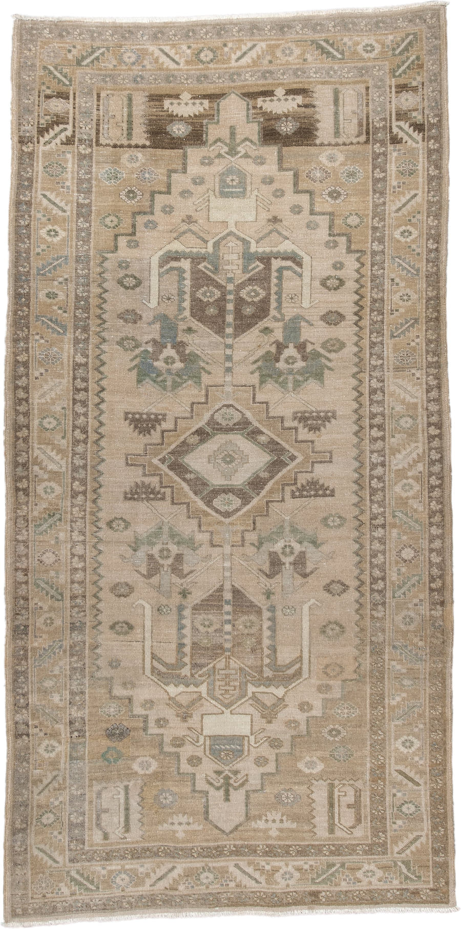 3' x 7' one-of-a-kind handmade antique Sarab runner rug. Color palette: camel, ivory, taupe, sage, brown, slate, olive