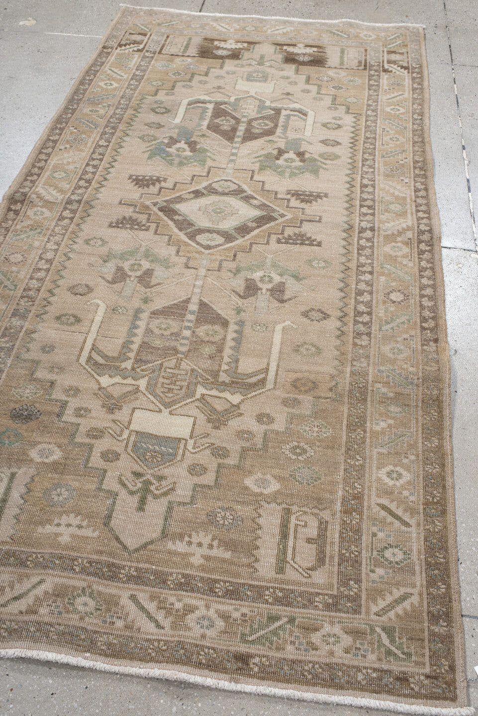 3' x 7' one-of-a-kind handmade antique Sarab runner rug. Color palette: camel, ivory, taupe, sage, brown, slate, olive