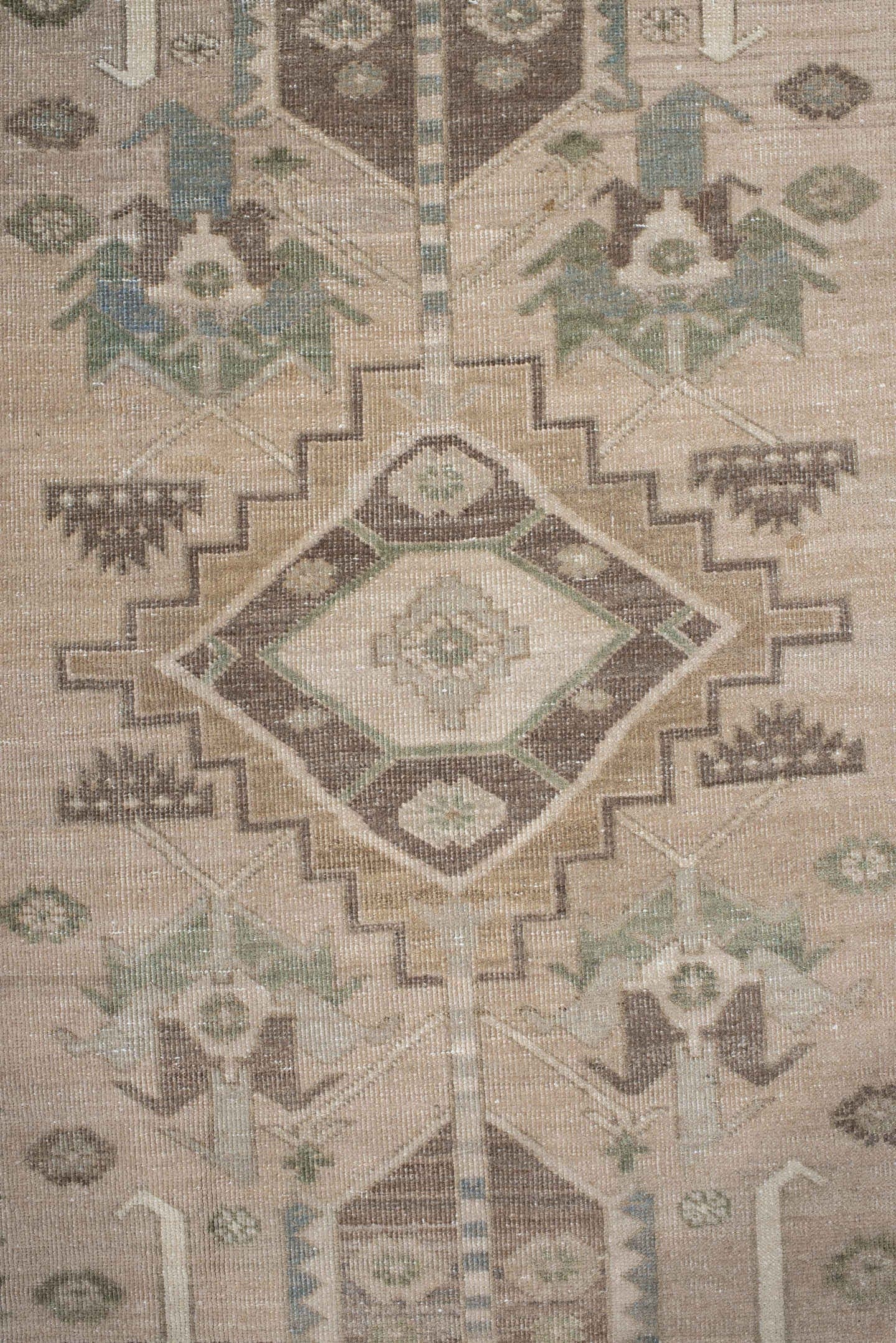 3' x 7' one-of-a-kind handmade antique Sarab runner rug. Color palette: camel, ivory, taupe, sage, brown, slate, olive