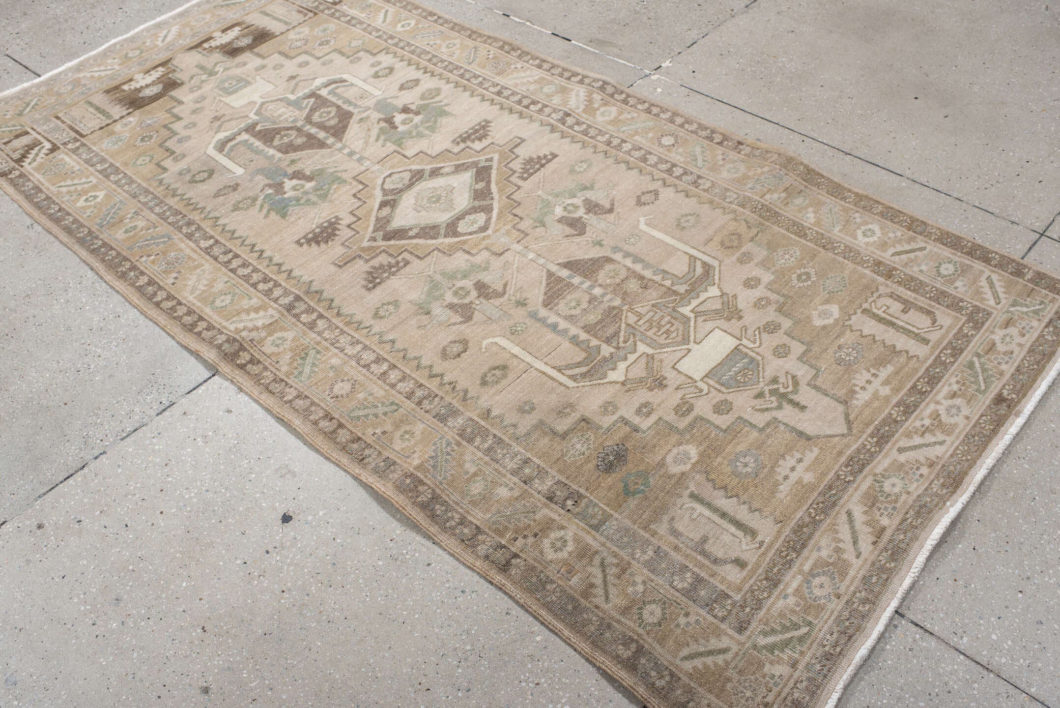 3' x 7' one-of-a-kind handmade antique Sarab runner rug. Color palette: camel, ivory, taupe, sage, brown, slate, olive