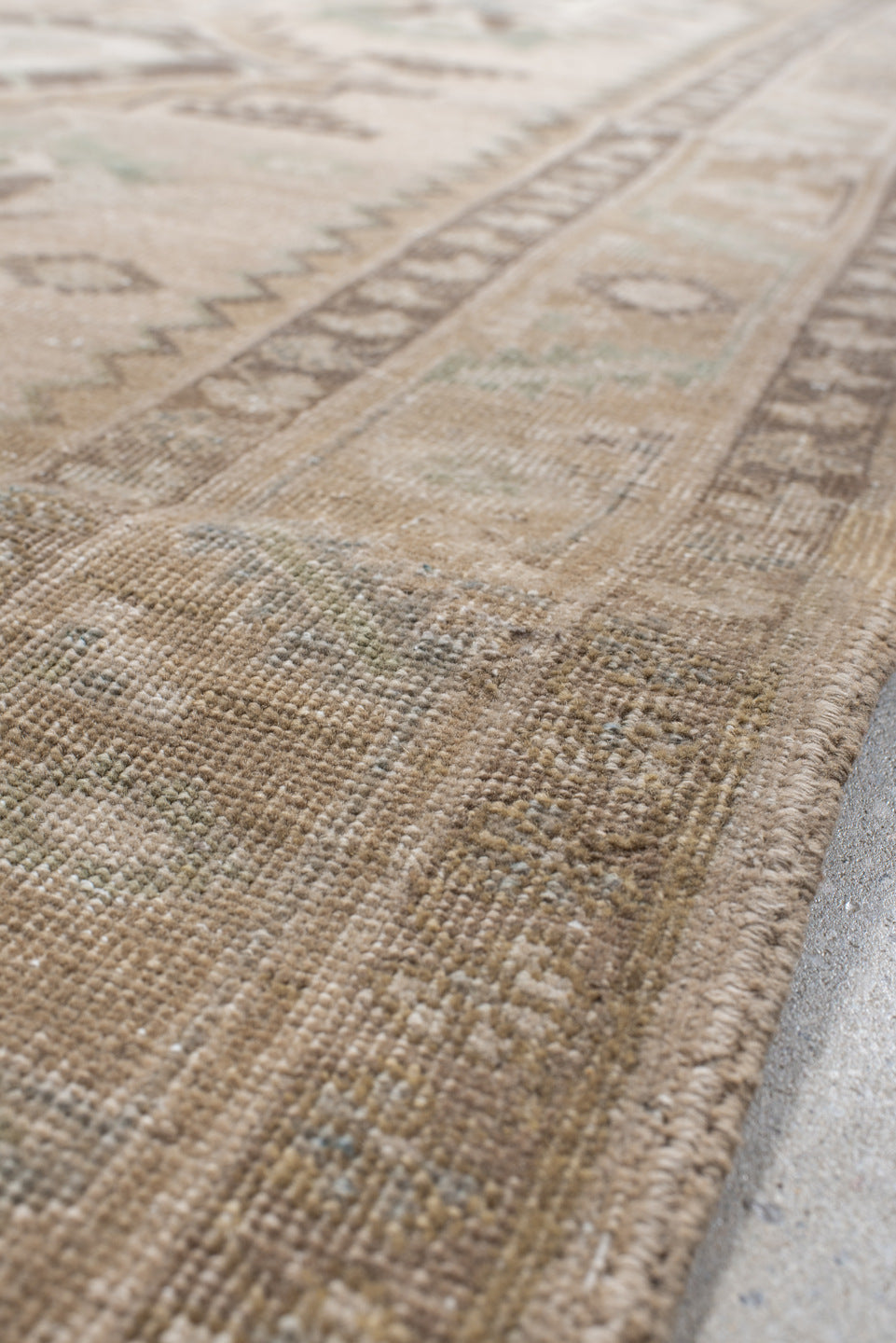 3' x 7' one-of-a-kind handmade antique Sarab runner rug. Color palette: camel, ivory, taupe, sage, brown, slate, olive