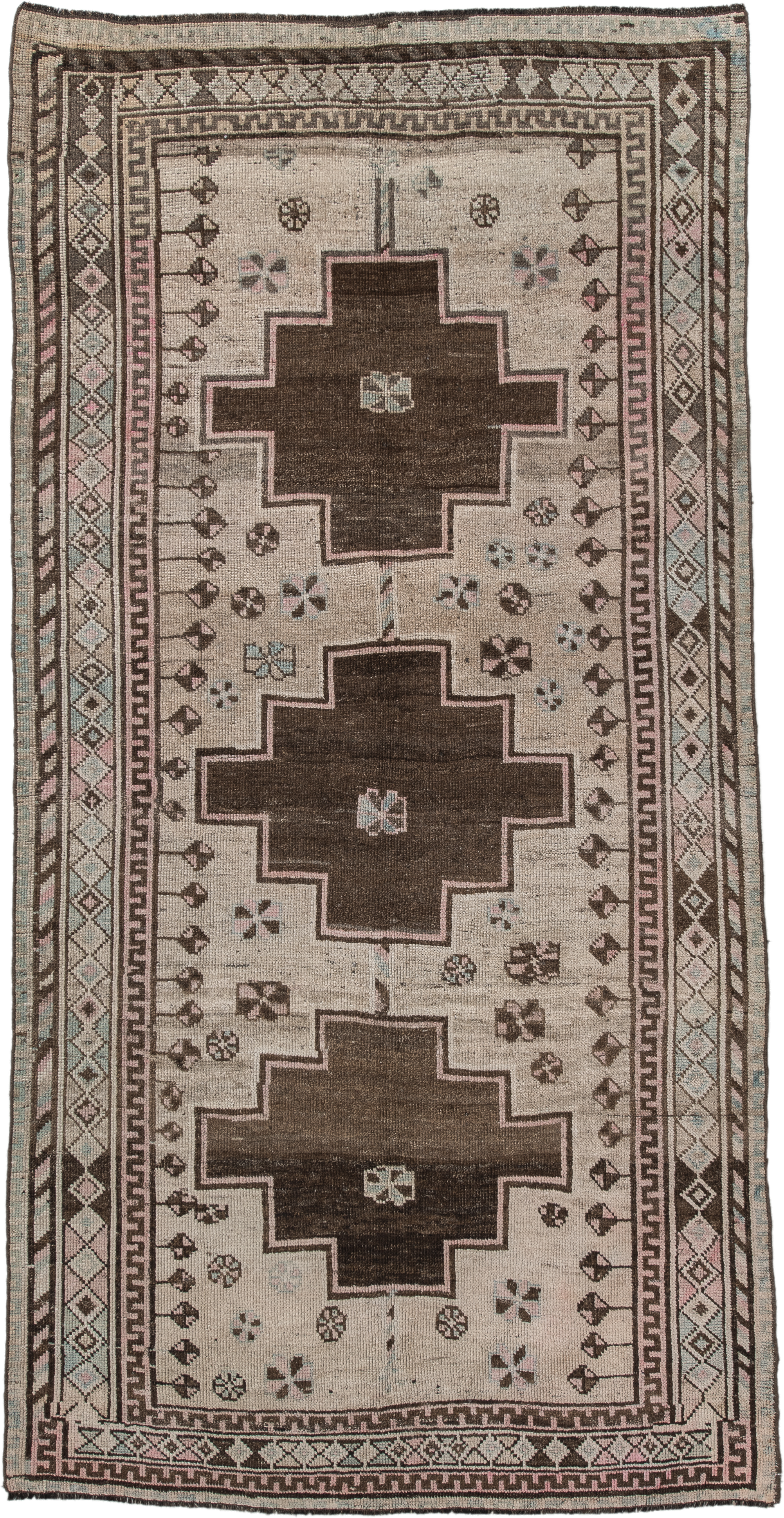 4' x 8' one-of-a-kind handmade vintage Gabbe rug. Color palette: ivory, brown, taupe, charcoal, blush, pale blue, beige