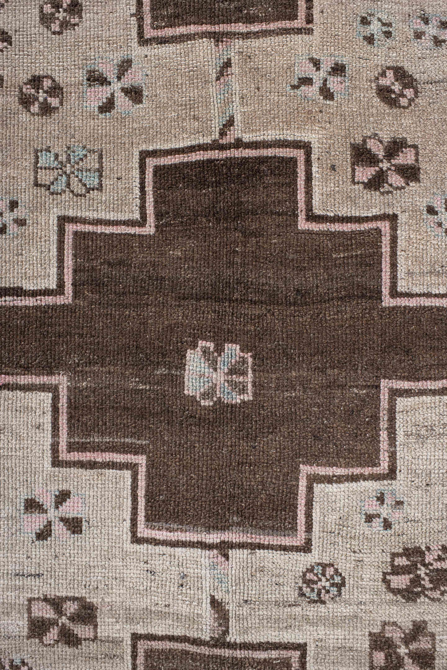 4' x 8' one-of-a-kind handmade vintage Gabbe rug. Color palette: ivory, brown, taupe, charcoal, blush, pale blue, beige