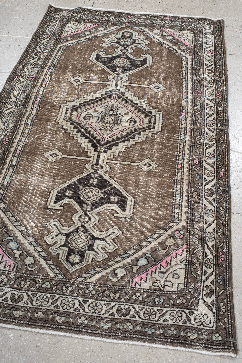 3' x 5' one-of-a-kind handmade vintage Hamadan small size rug. Color palette: taupe, brown, ivory, charcoal, rose, pale_blue
