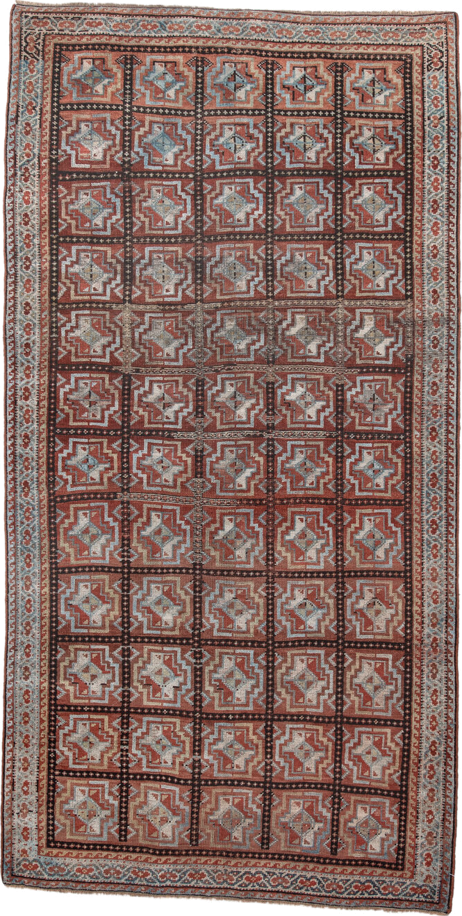 3' x 7' one-of-a-kind handmade vintage Kurd rug. Color palette: rust, ivory, light blue, charcoal, terracotta, camel, brown