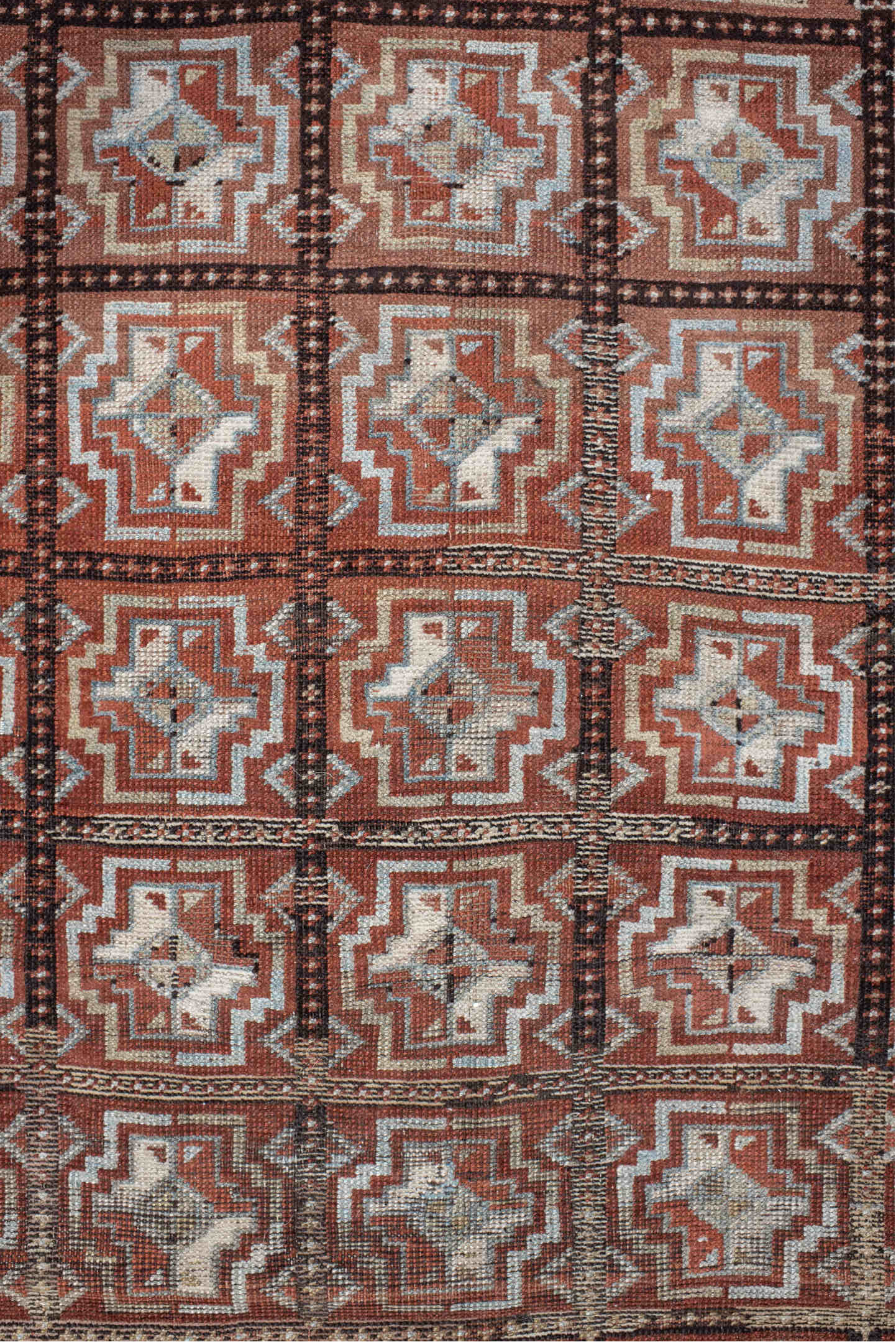 3' x 7' one-of-a-kind handmade vintage Kurd rug. Color palette: rust, ivory, light blue, charcoal, terracotta, camel, brown