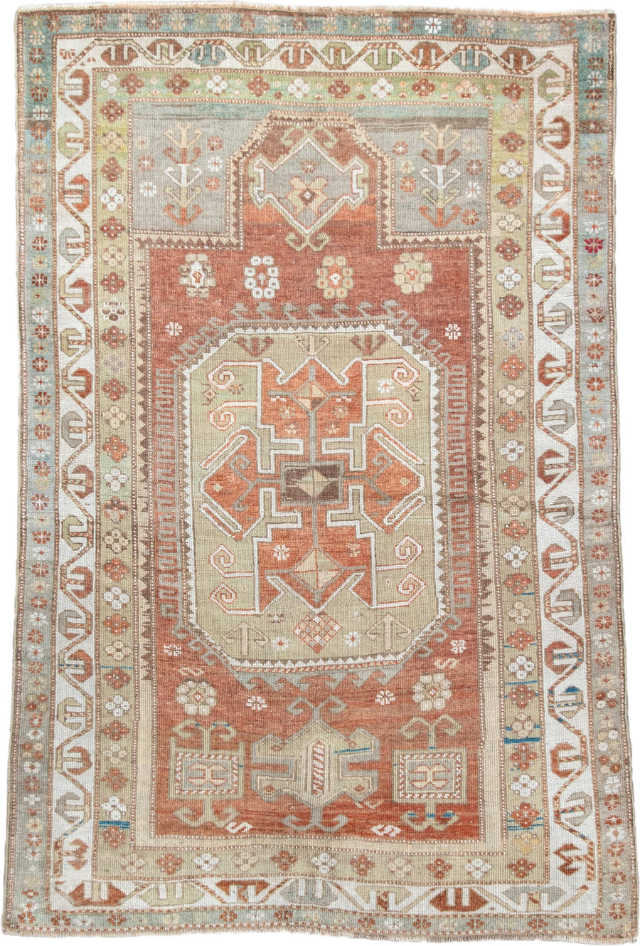 3' x 5' one-of-a-kind handmade vintage Anatolian small size rug. Color palette: rust, ivory, pale aqua, sage, taupe, camel