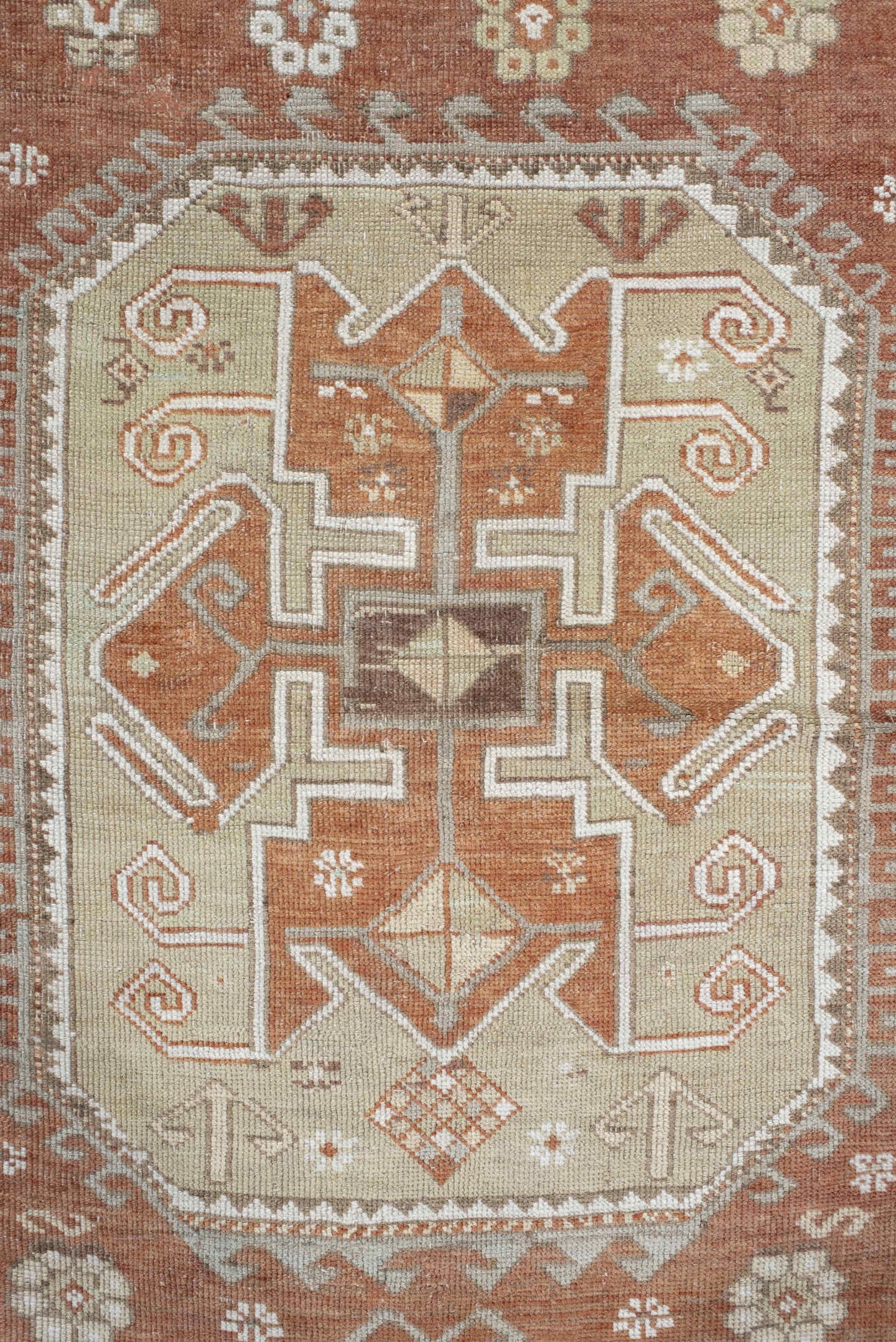 3' x 5' one-of-a-kind handmade vintage Anatolian small size rug. Color palette: rust, ivory, pale aqua, sage, taupe, camel