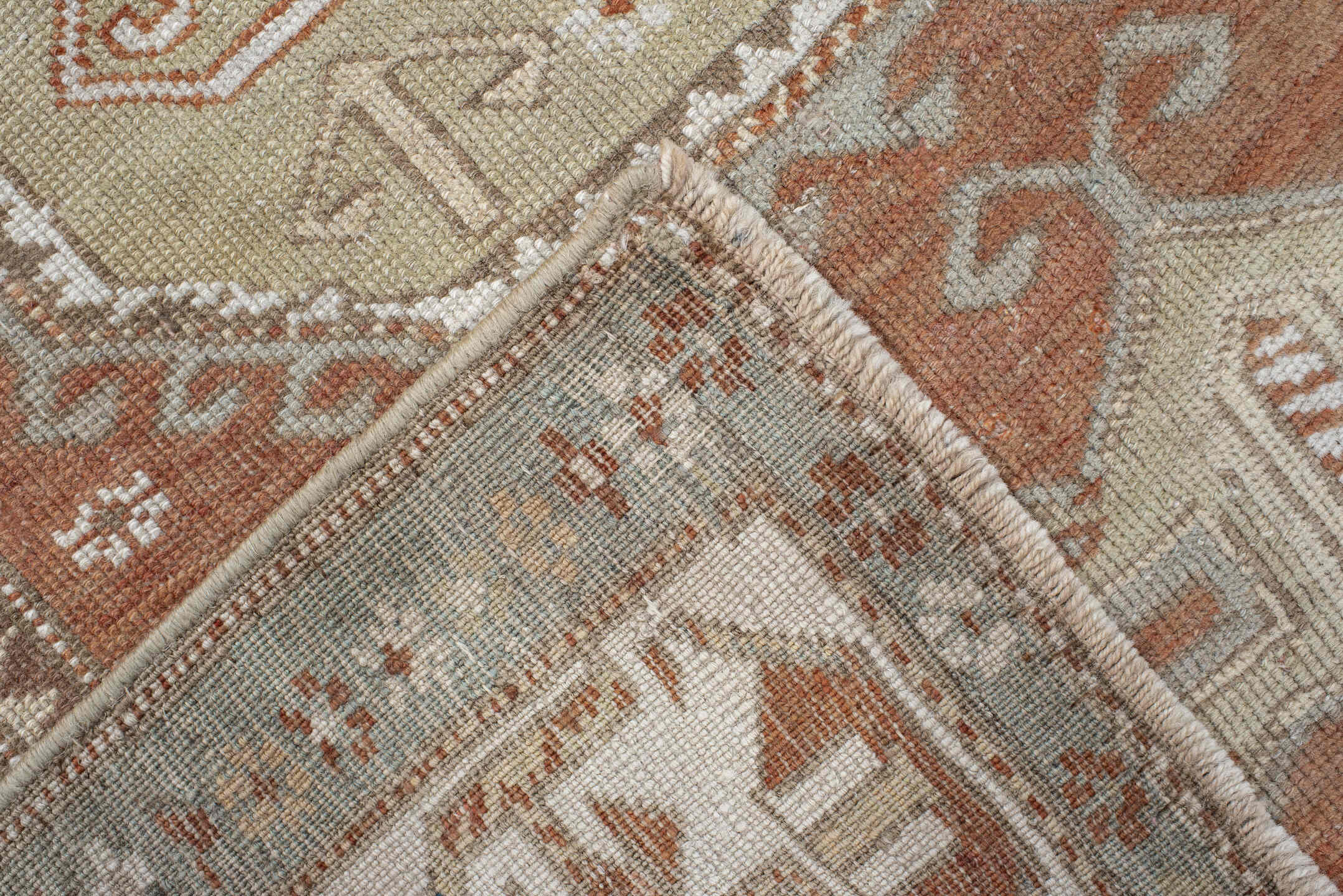 3' x 5' one-of-a-kind handmade vintage Anatolian small size rug. Color palette: rust, ivory, pale aqua, sage, taupe, camel