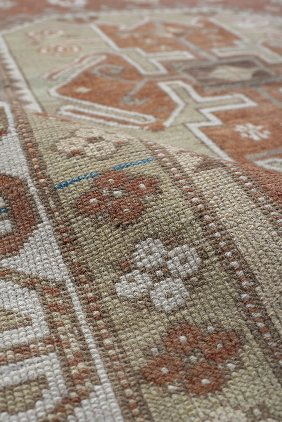 3' x 5' one-of-a-kind handmade vintage Anatolian small size rug. Color palette: rust, ivory, pale aqua, sage, taupe, camel