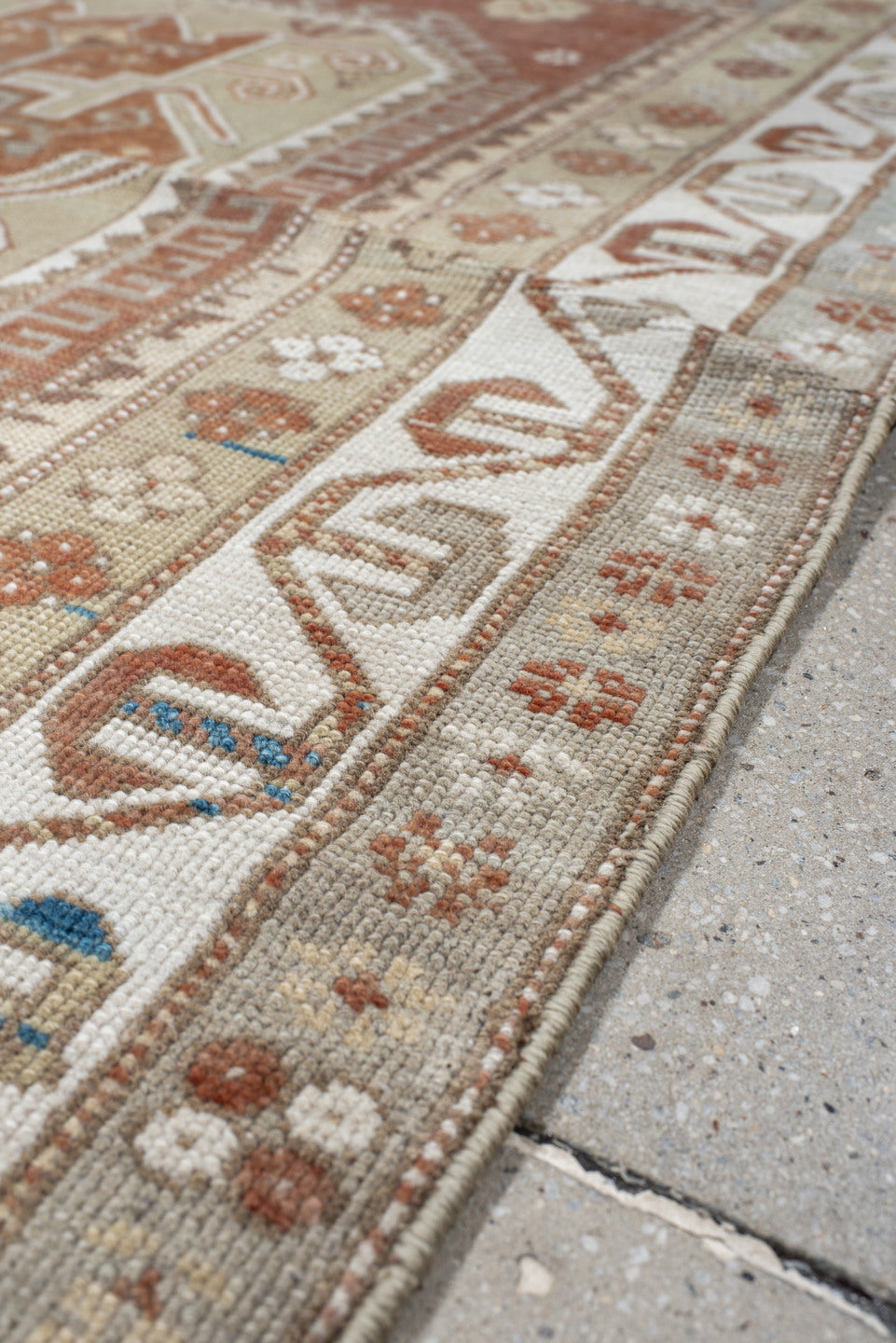 3' x 5' one-of-a-kind handmade vintage Anatolian small size rug. Color palette: rust, ivory, pale aqua, sage, taupe, camel