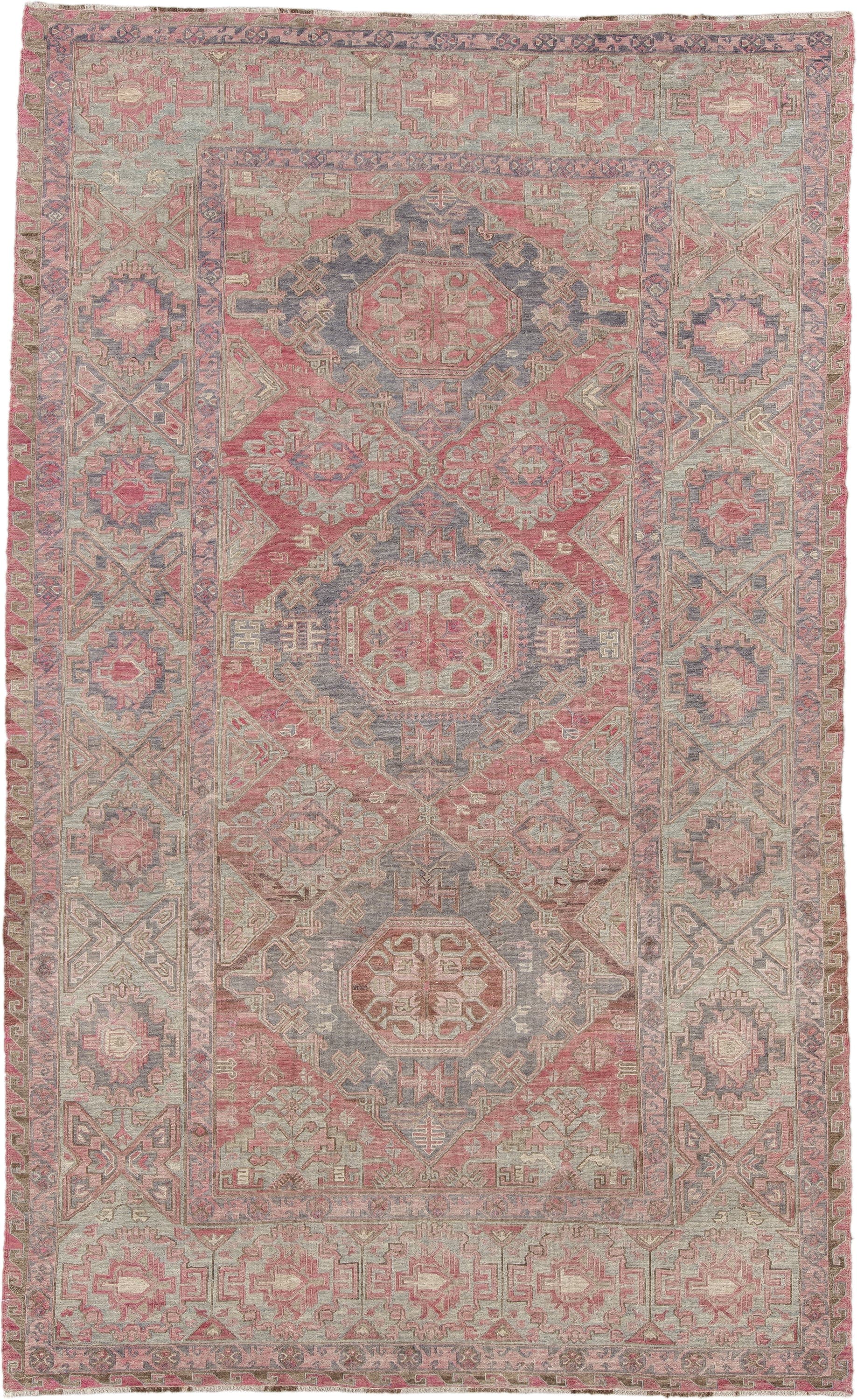 6' x 11' one-of-a-kind handmade vintage Sumak large size rug. Color palette: rose, ivory, slate, dusty pink, taupe, sage