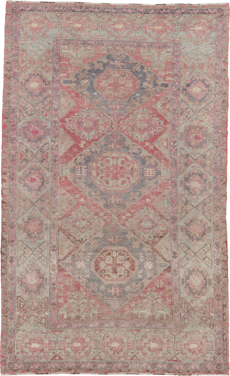 6' x 11' one-of-a-kind handmade vintage Sumak large size rug. Color palette: rose, ivory, slate, dusty pink, taupe, sage