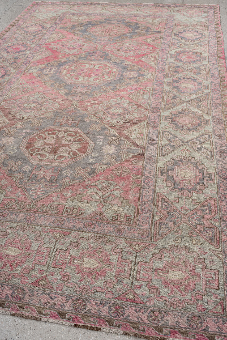 6' x 11' one-of-a-kind handmade vintage Sumak large size rug. Color palette: rose, ivory, slate, dusty pink, taupe, sage