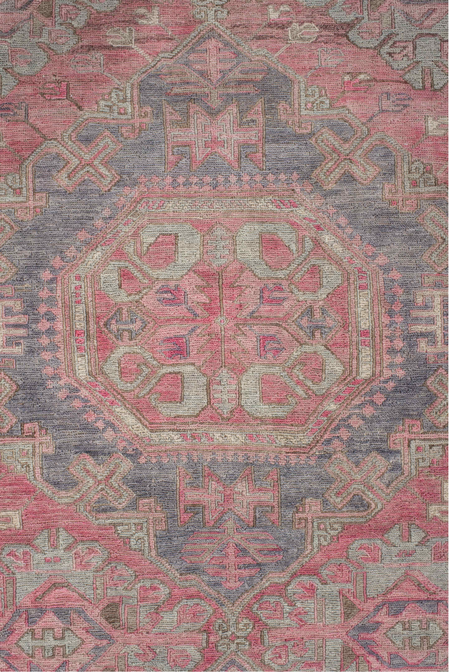 6' x 11' one-of-a-kind handmade vintage Sumak large size rug. Color palette: rose, ivory, slate, dusty pink, taupe, sage