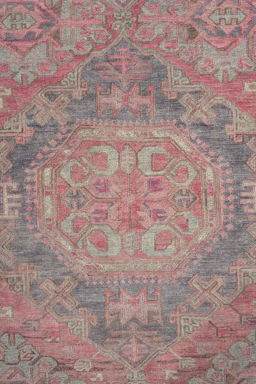 6' x 11' one-of-a-kind handmade vintage Sumak large size rug. Color palette: rose, ivory, slate, dusty pink, taupe, sage