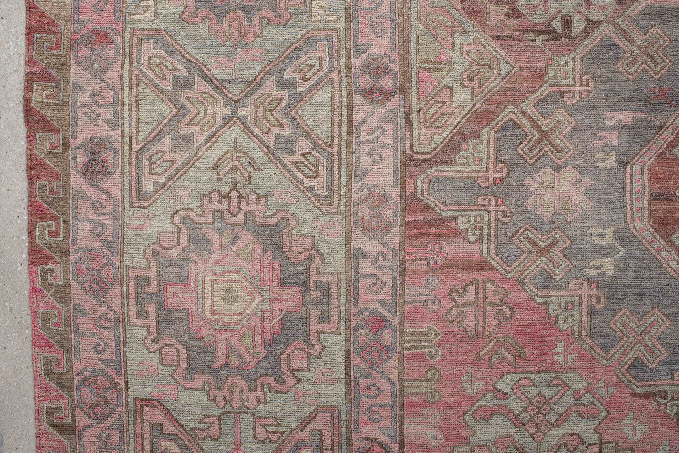 6' x 11' one-of-a-kind handmade vintage Sumak large size rug. Color palette: rose, ivory, slate, dusty pink, taupe, sage