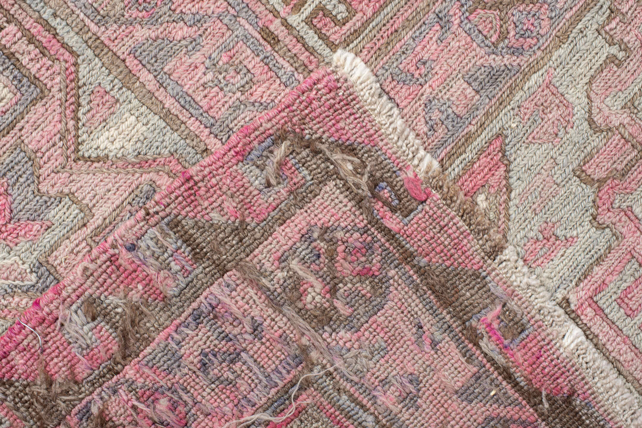 6' x 11' one-of-a-kind handmade vintage Sumak large size rug. Color palette: pink, gray, light gray, off-white, rosy brown