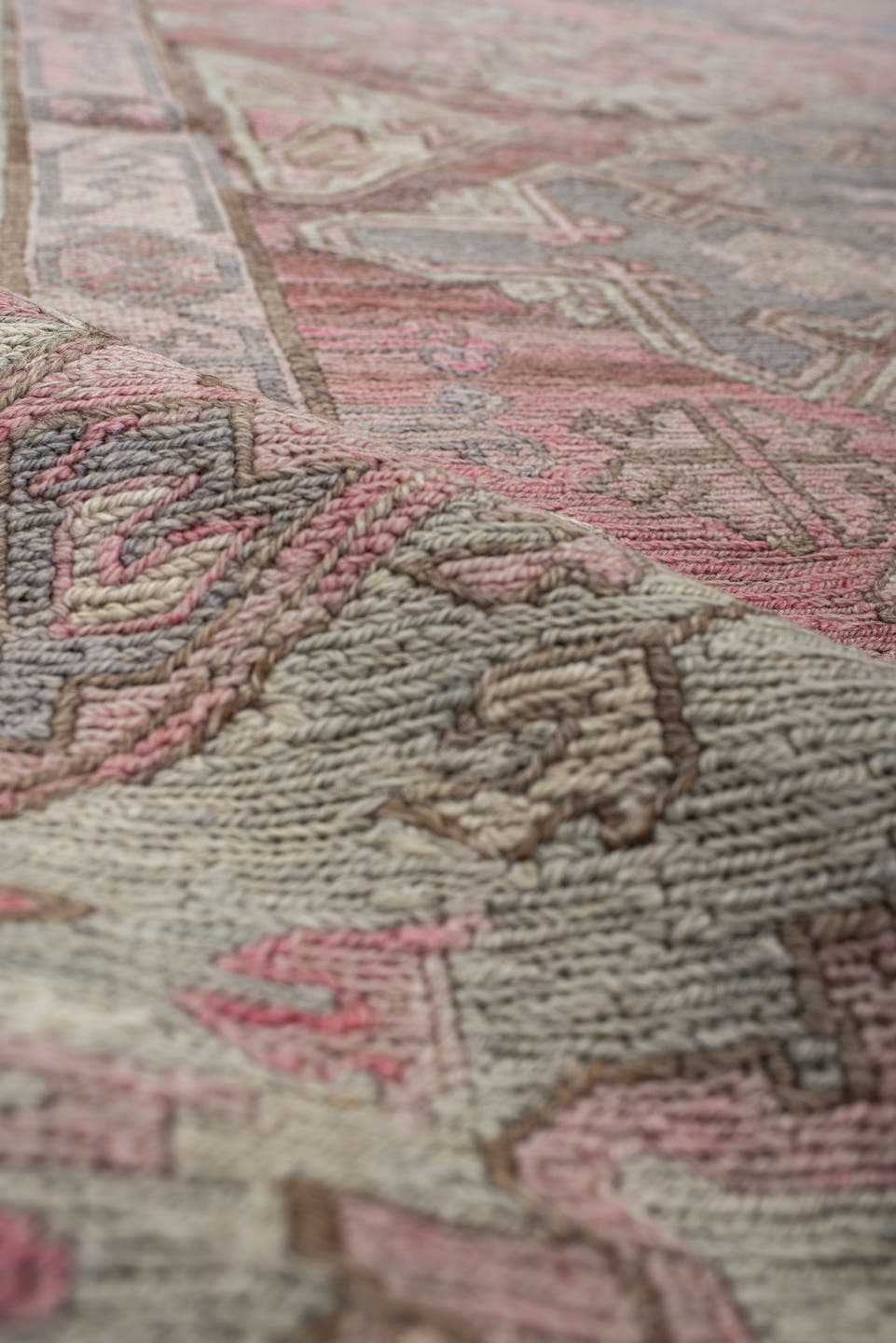 6' x 11' one-of-a-kind handmade vintage Sumak large size rug. Color palette: rose, ivory, slate, dusty pink, taupe, sage