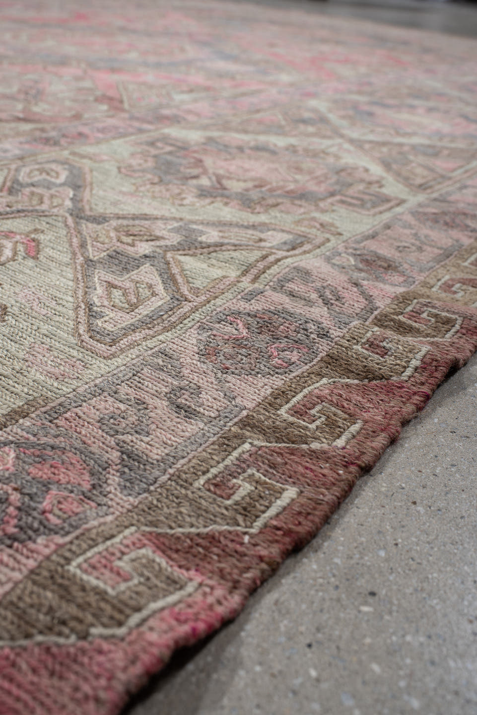 6' x 11' one-of-a-kind handmade vintage Sumak large size rug. Color palette: rose, ivory, slate, dusty pink, taupe, sage
