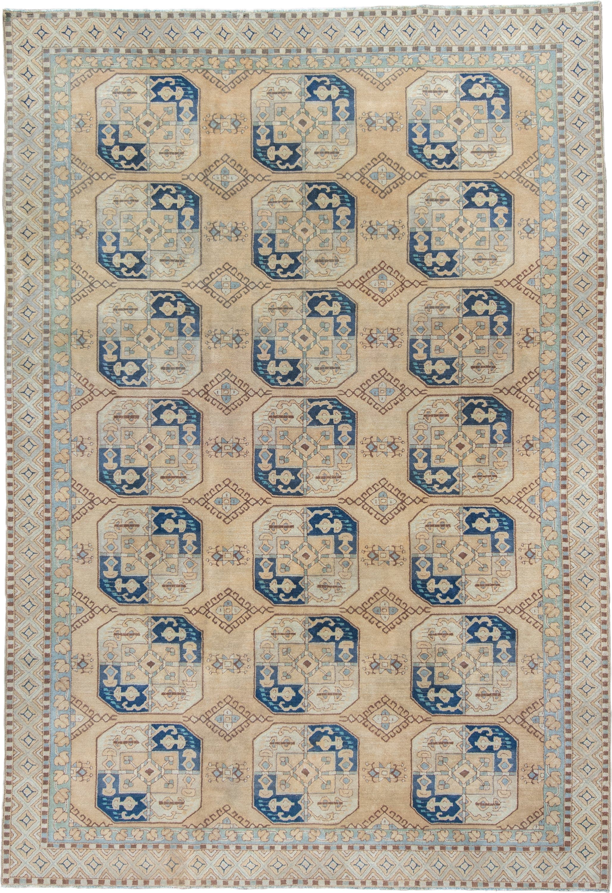7' x 10' one-of-a-kind handmade vintage Hooked large size rug. Color palette: ivory, sky_blue, navy, tan, camel, taupe