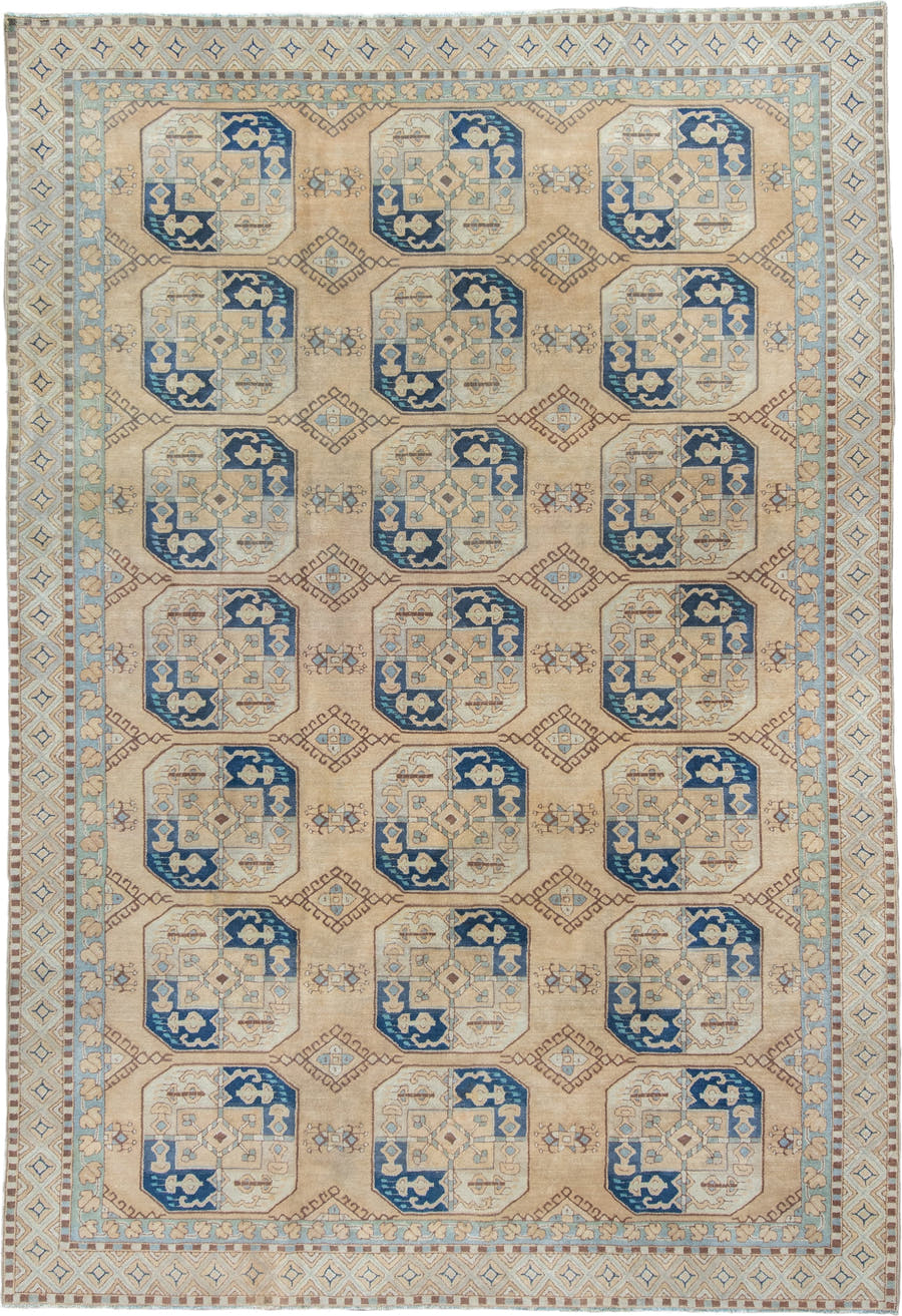 7' x 10' one-of-a-kind handmade vintage Hooked large size rug. Color palette: ivory, sky_blue, navy, tan, camel, taupe
