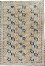 7' x 10' one-of-a-kind handmade vintage Hooked large size rug. Color palette: ivory, sky_blue, navy, tan, camel, taupe